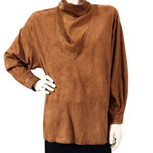 1980s Vintage Rust Brown Real Suede Leather Oversized Tunic Top Blouse Shirt